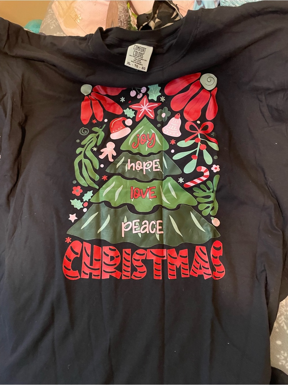 Comfort Colors Black Tee with Red & Green Christmas Tree Graphic